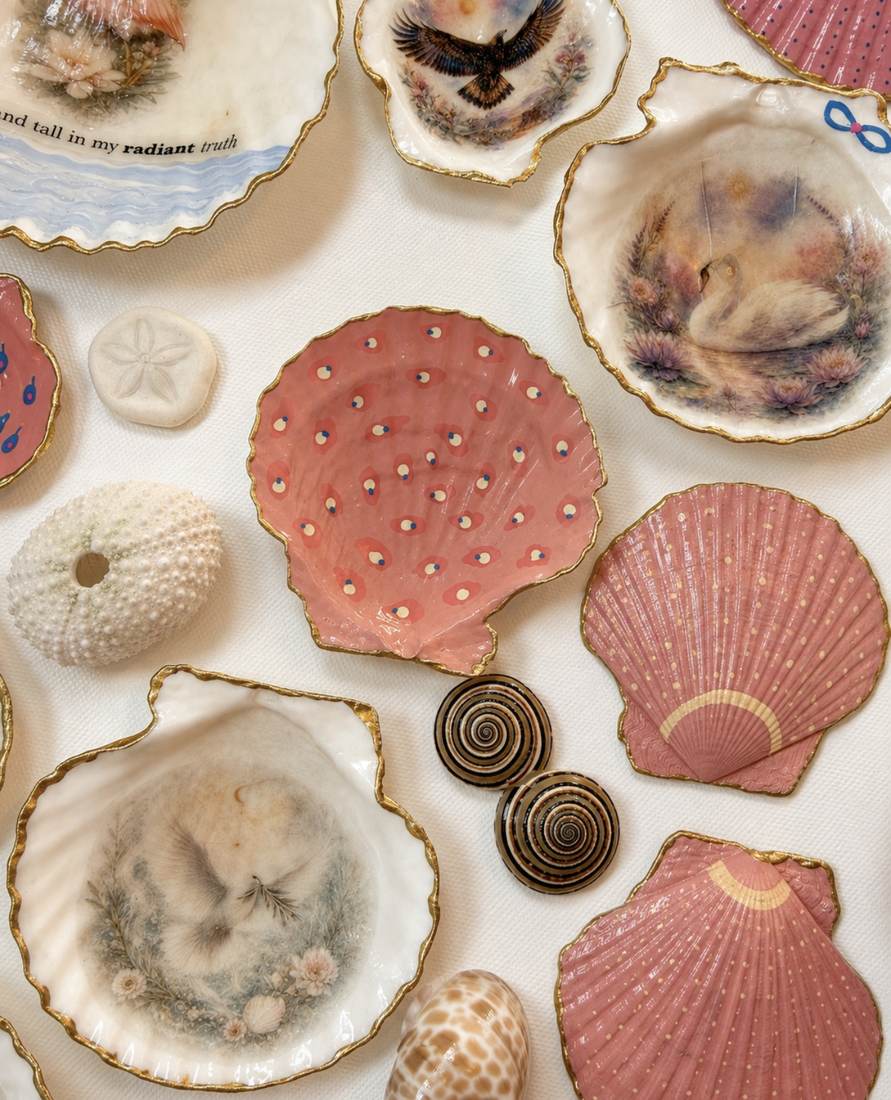 Sacred Wings close-up showing hand-painted pink shells and bird imagery